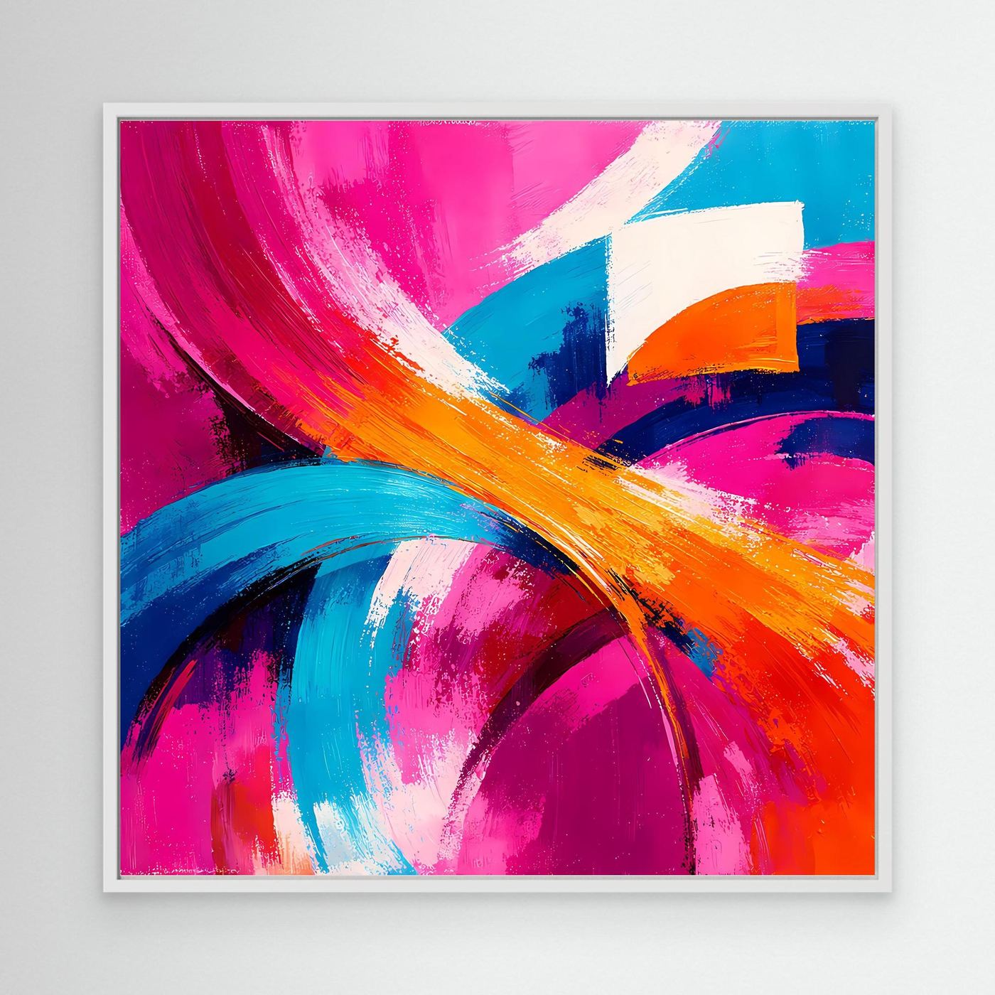 Leinwand-Abstraktbild mit Pinselstrichen in Pink, Blau und Orange, weißer Rahmen.