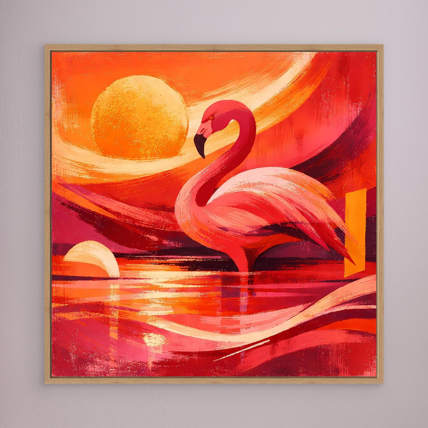 Wandbild Leinwand mit rotem Flamingo und Sonnenmotiv, goldbrauner Rahmen