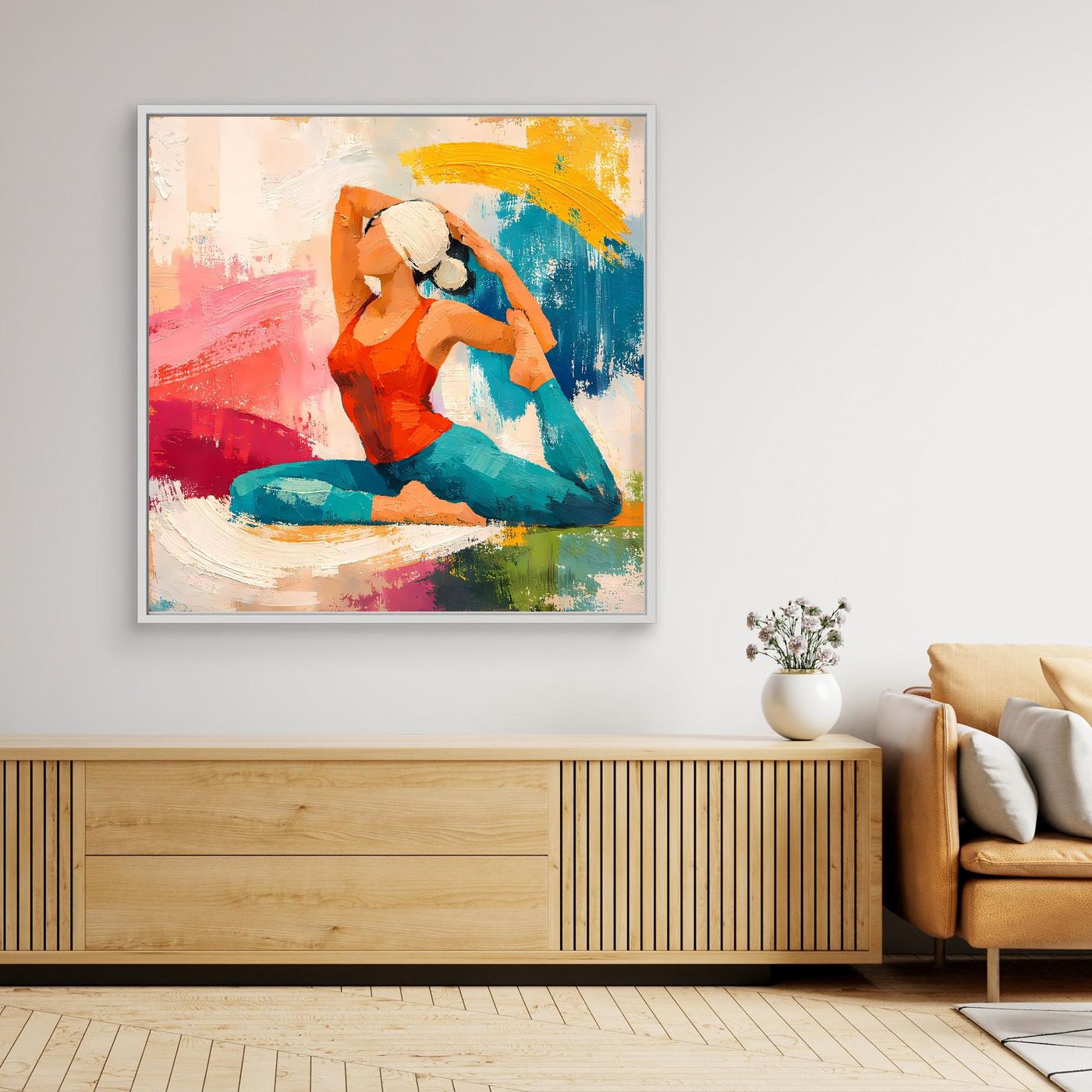 Leinwand-Wandbild mit abstrakter Yoga-Frau, bunter Malerei, weißer Rahmen