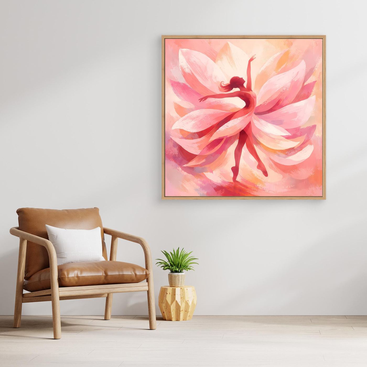 Quadratisches Leinwandbild mit rosa Blüte und Tänzerin-Silhouette im braunen Rahmen.