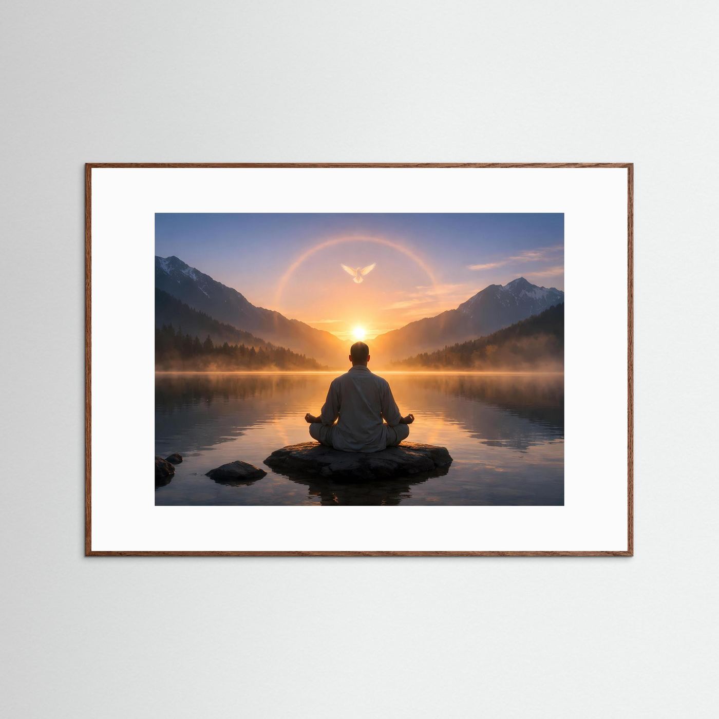 Meditationsposter mit Person im Schneidersitz am See, Sonnenaufgang und Lichtbogen, brauner Holzrahmen