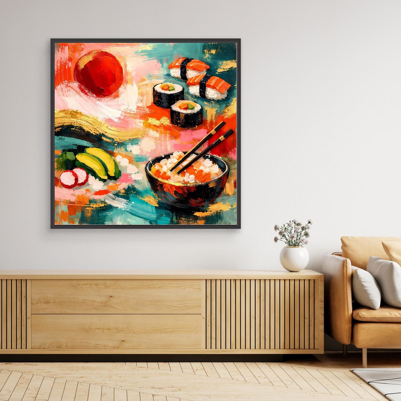 Gerahmtes Leinwandbild mit bunten Sushi-Motiven, schwarzem Rahmen