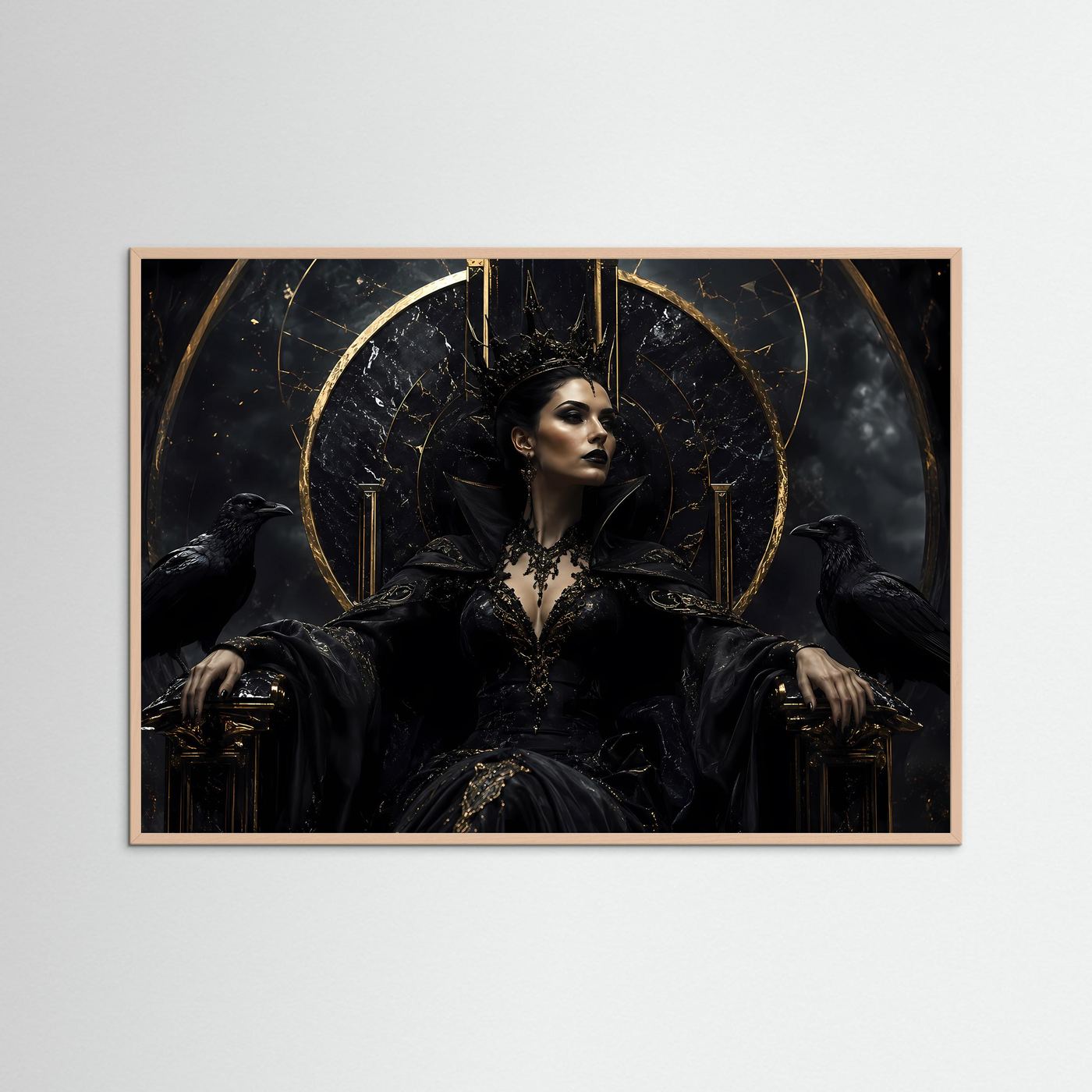 Dunkle Königin auf Marmorthron – Gothic Fantasy Motiv mit Krone & Raben
