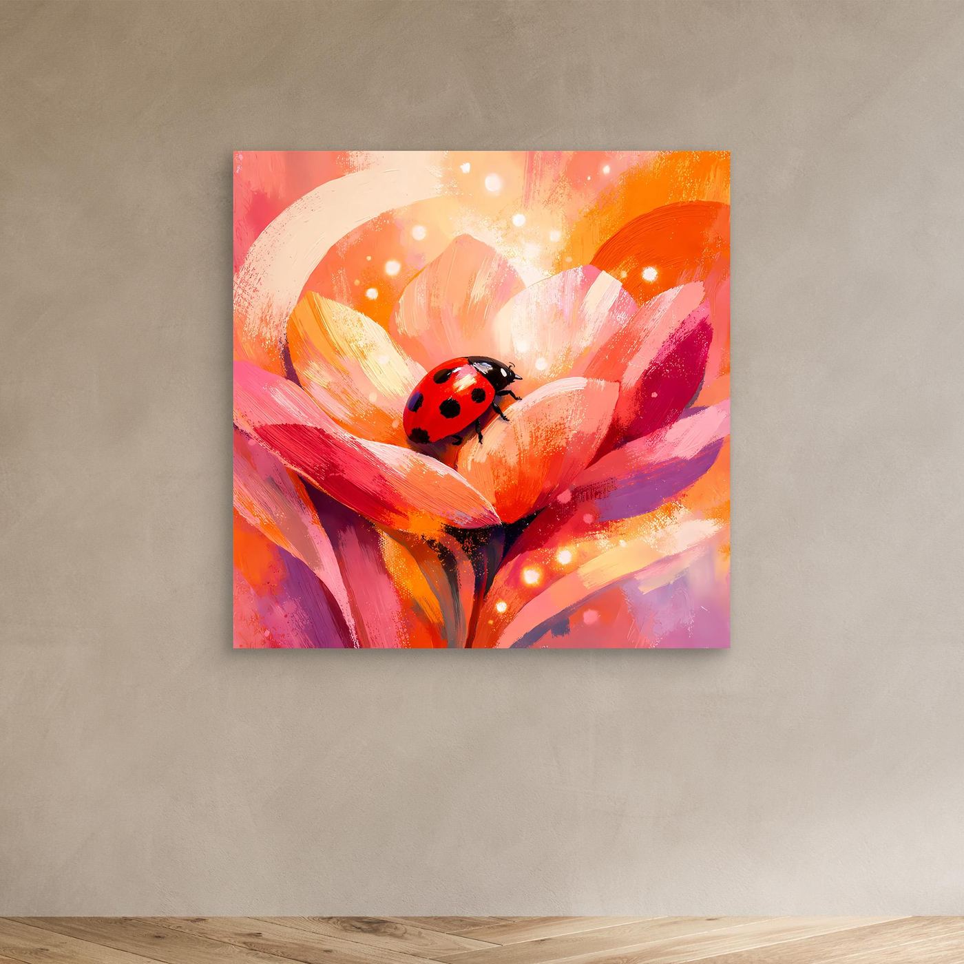Leinwandbild mit schmalem Rahmen: Marienkäfer auf Blüte in warmen Rosa-, Orange- und Rottönen