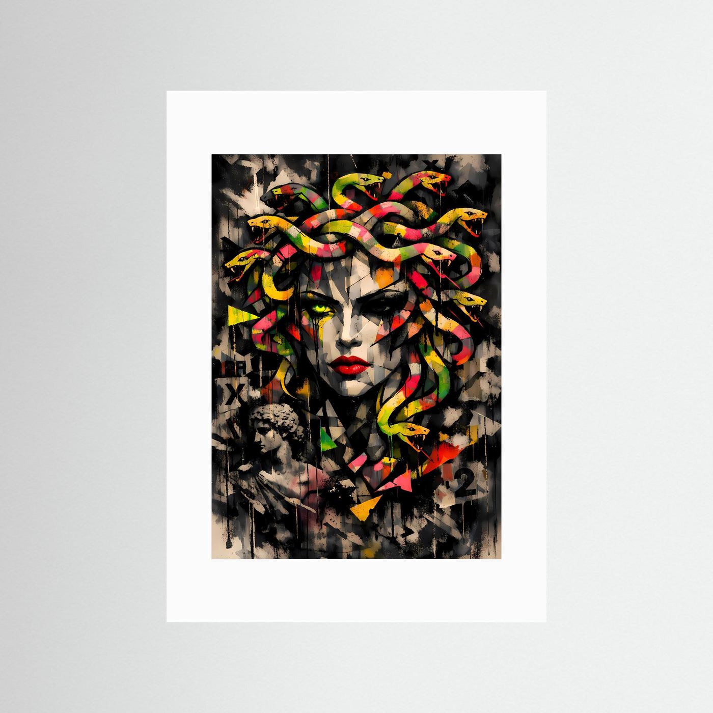 Mythos der Moderne | Urban Art Medusa Poster in Neon-Bunt & Schwarz | Abstraktes Street Art Kunstposter Hochformat
