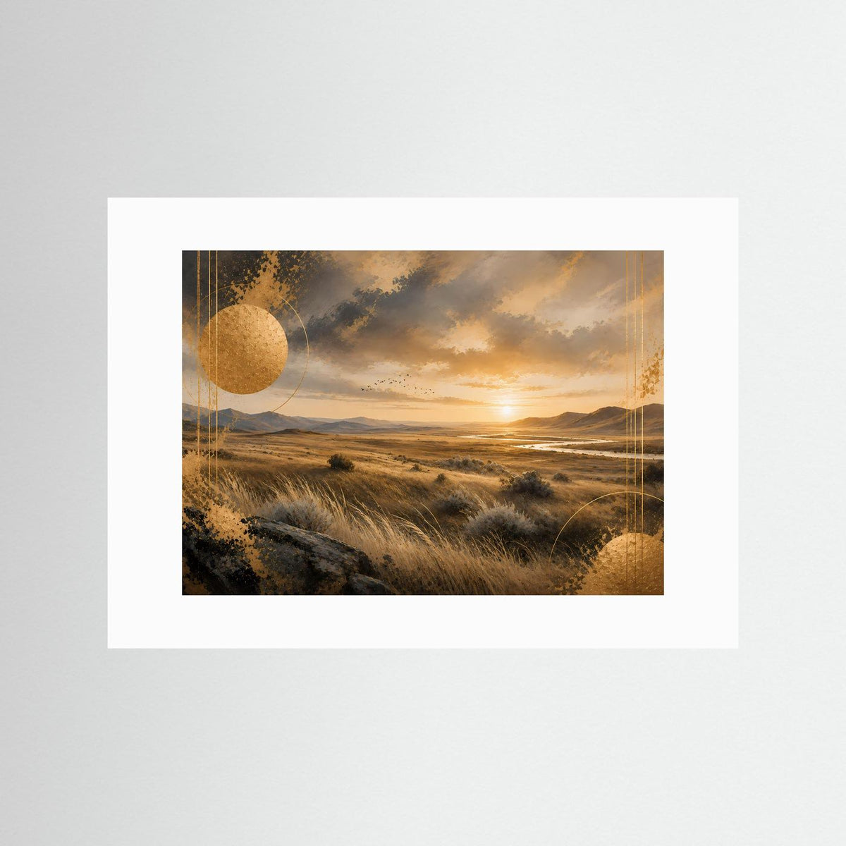 Querformatiges Poster Steppenlandschaft bei Sonnenuntergang mit goldener Kreis-Optik, mit weißem Rand