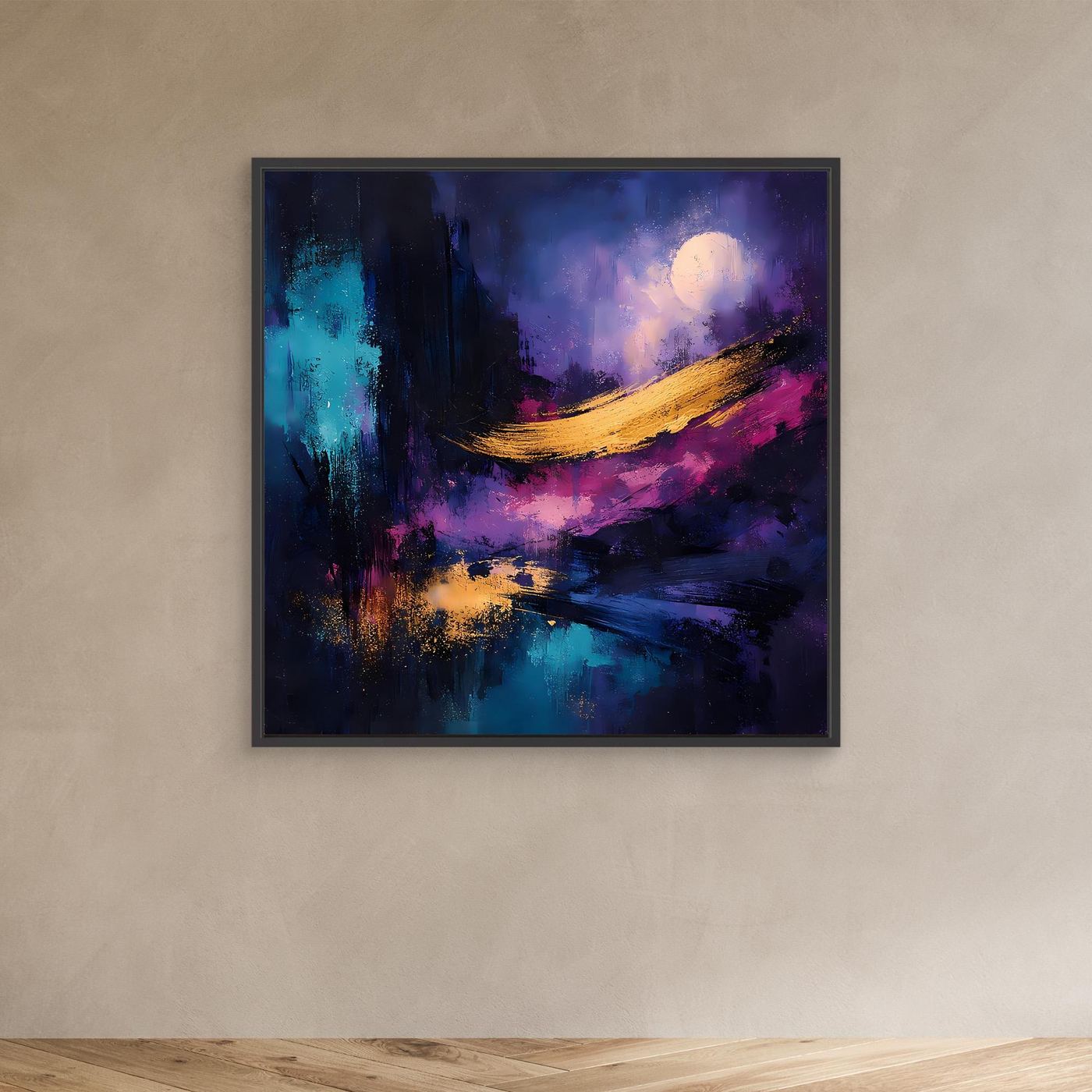 Abstraktes Leinwand-Wandbild mit Vollmond, schwarzer Rahmen