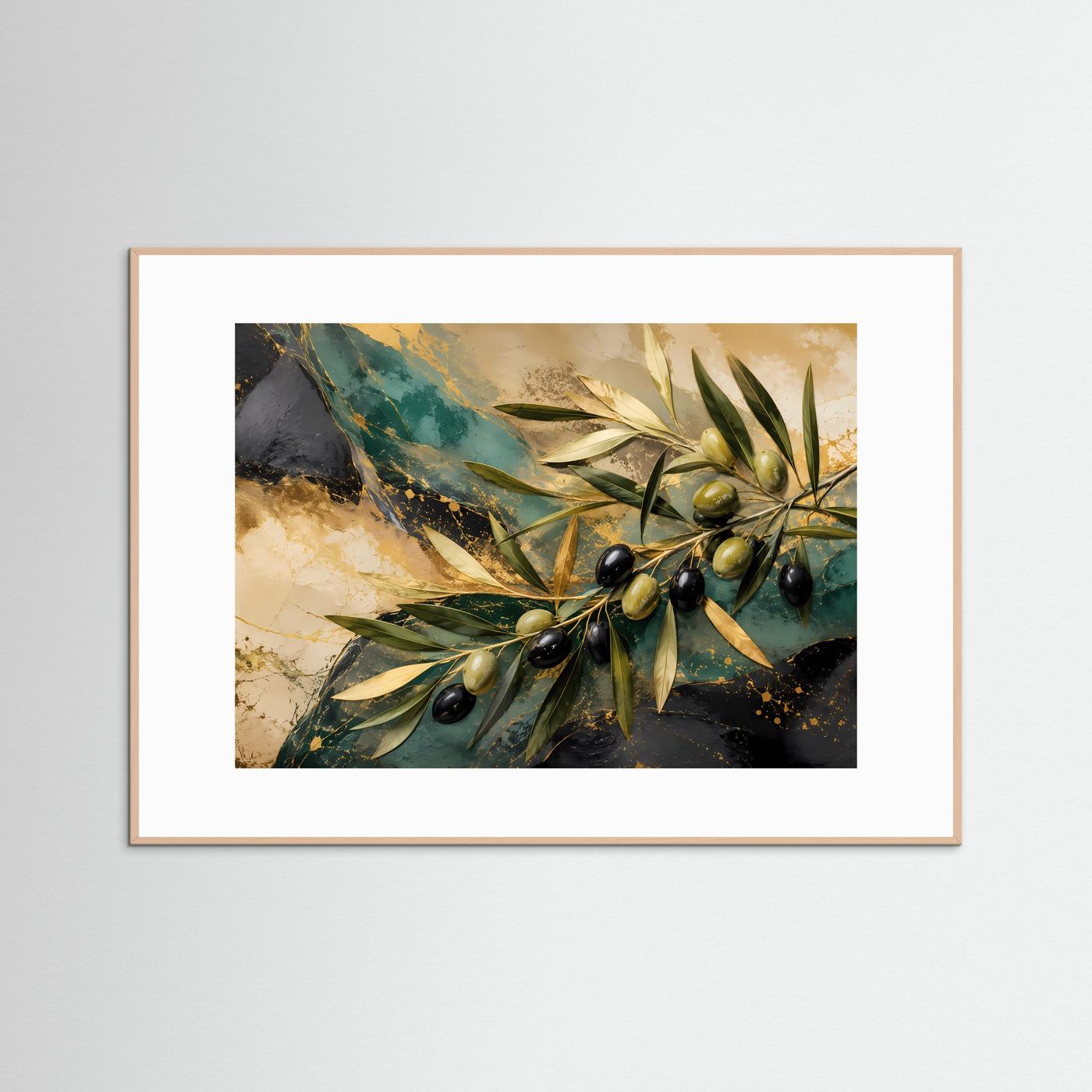 Mediteraner Frieden: Olivenzweig in Gold und Petrol | Modernes Natur-Poster Querformat