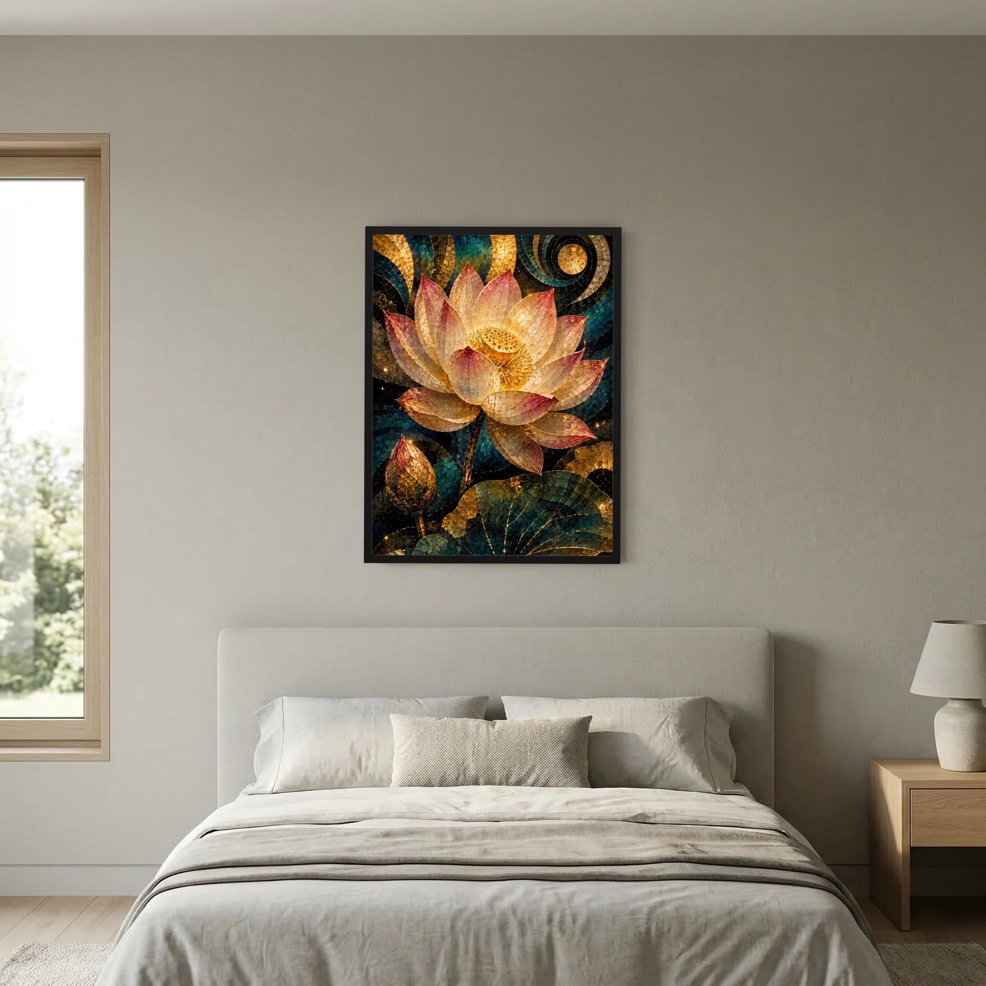 Quadratisches Poster mit Lotusblüte im Mosaikstil, gold-rosa Blüten, schwarzer Rahmen