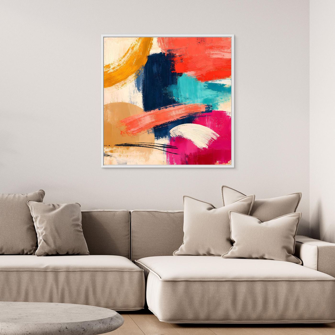 Quadratisches Leinwand-Wandbild mit farbigen Pinselstrichen, abstrakten Formen und Rahmen