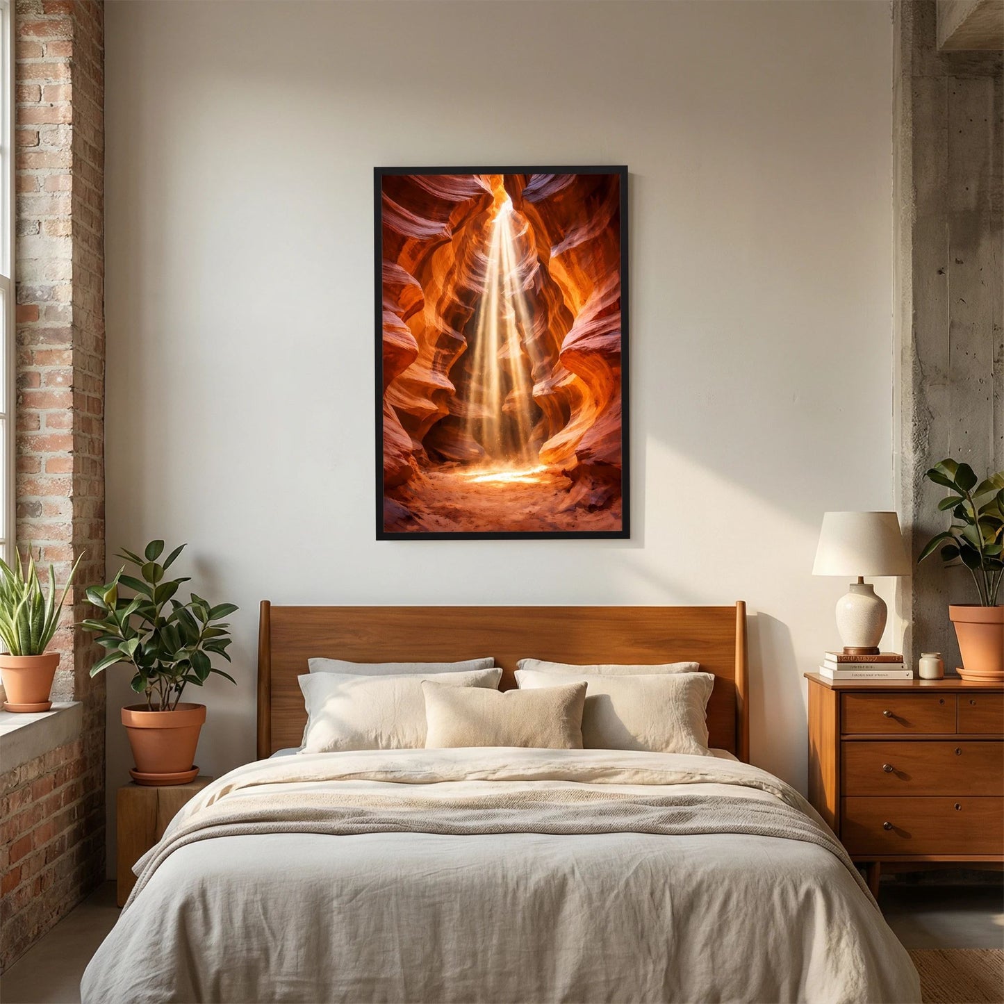 Canyon-Poster im Hochformat mit leuchtendem Strudel in Orange und Gold, schwarzer Rahmen