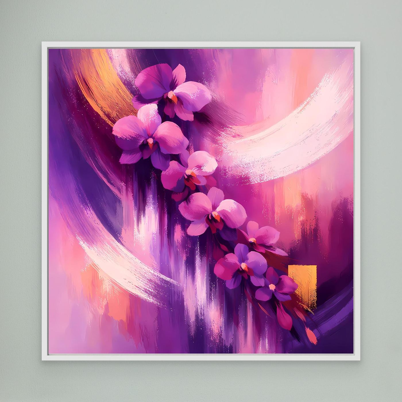 Leinwandbild mit abstrakten Orchideen, lila und pink, mit weißem Rahmen