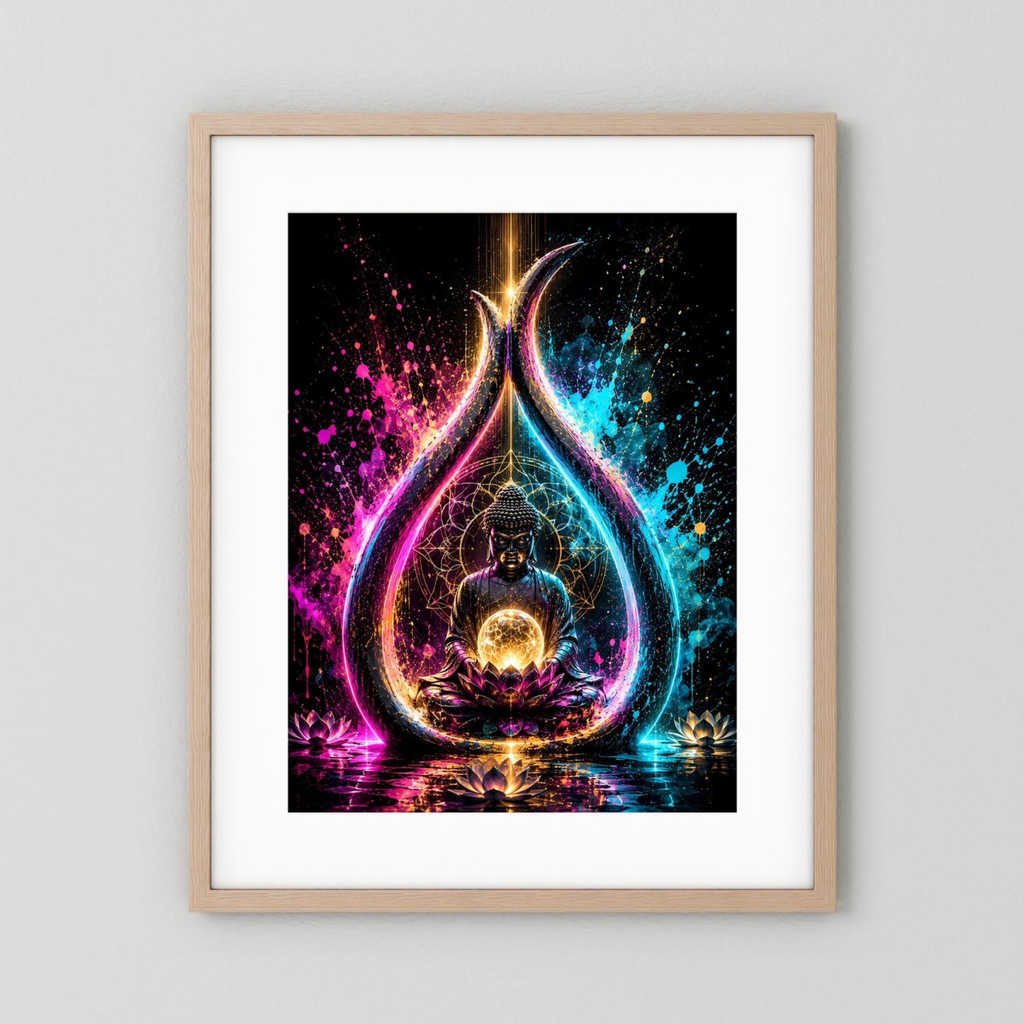 Meditierendes Buddha-Poster im hellen Holzrahmen mit Lotus und leuchtenden Energie-Bögen