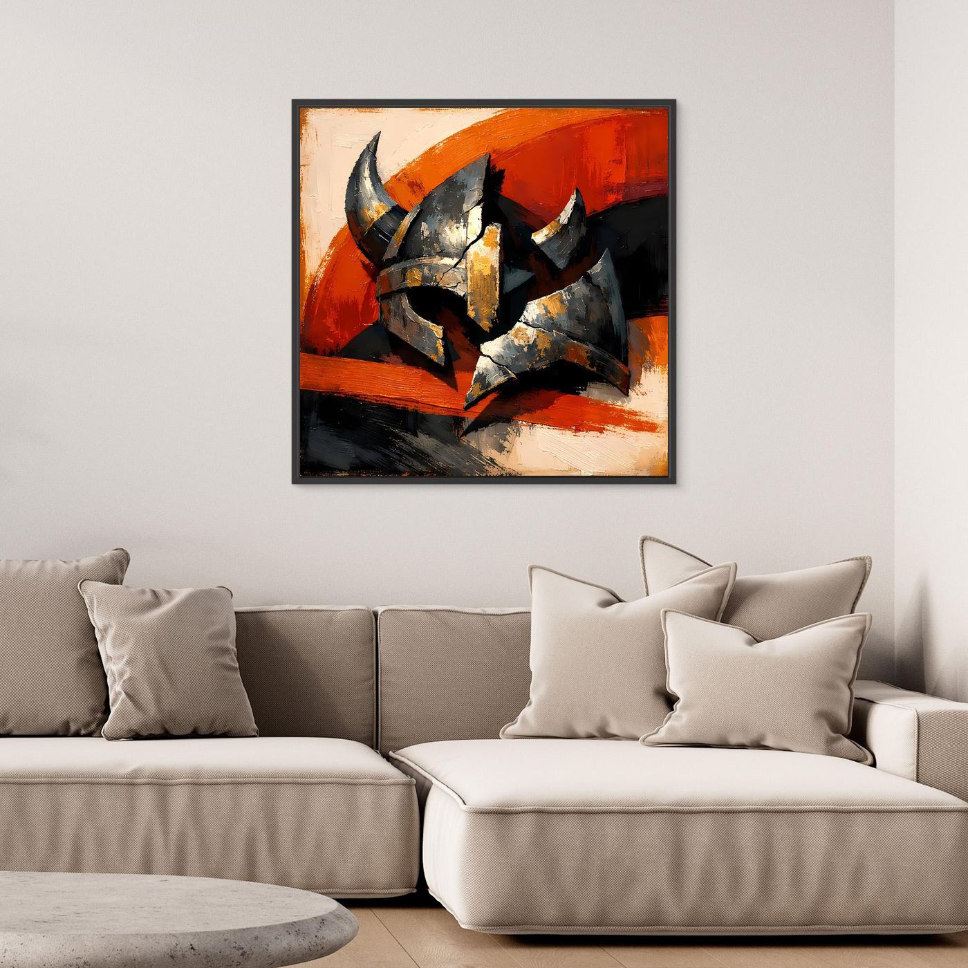 Leinwandbild Wikingerhelm mit orangefarbenem Hintergrund, schwarzer Rahmen