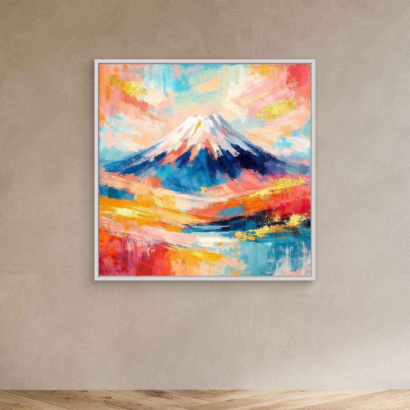 Gerahmtes abstraktes Leinwandbild Mount Fuji, weißer Gipfel vor buntem Pinselhintergrund