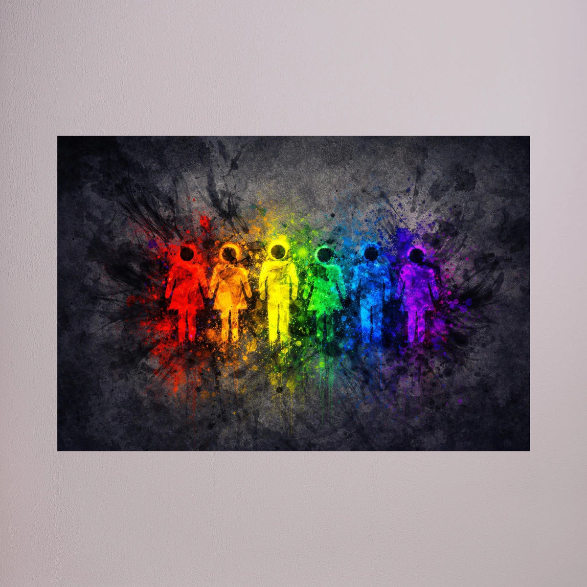 Wandbild-Print im Querformat mit Regenbogen-Menschen-Silhouetten auf dunklem Hintergrund