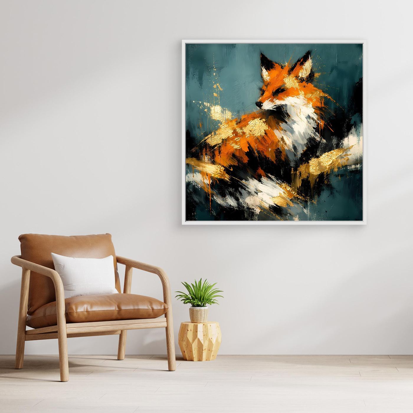 Leinwand-Wandbild mit abstraktem Fuchs in Orange, Weiß und Gold auf dunklem Blau.