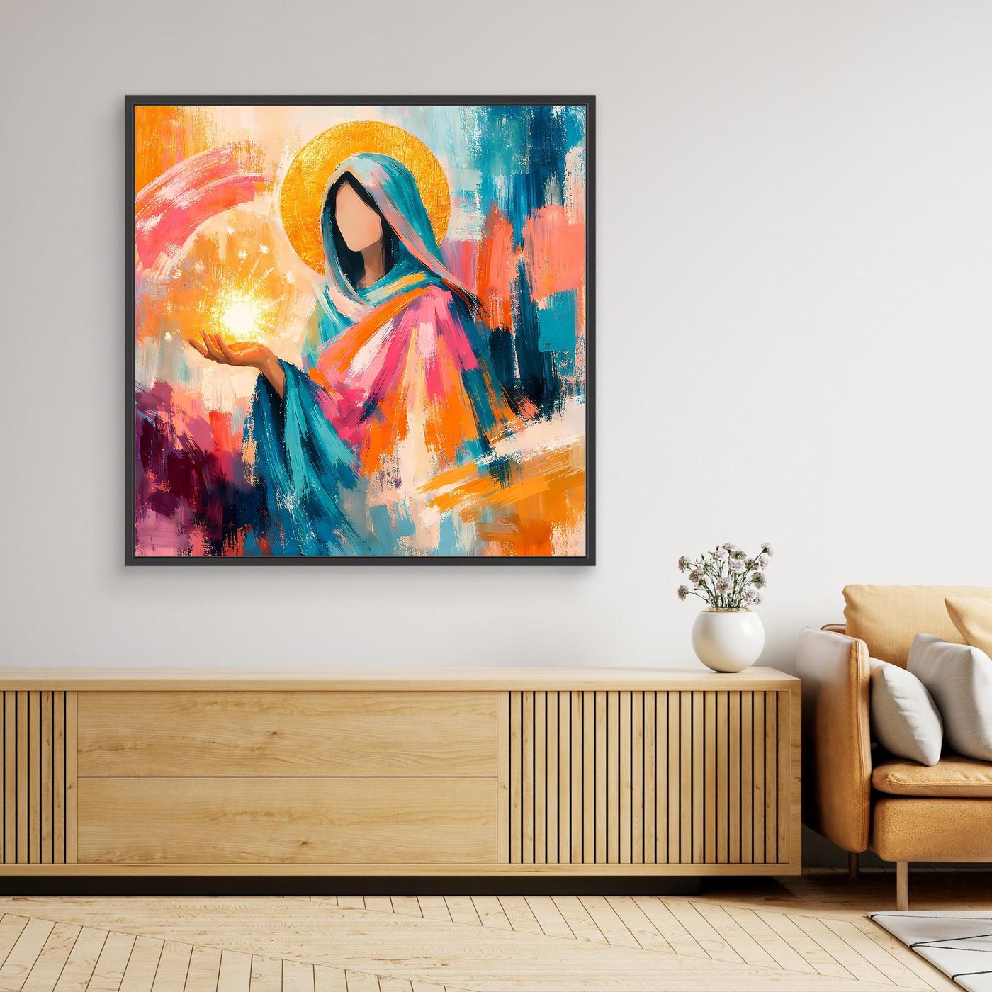 Gerahmtes Wandbild, abstrakte Mariafigur mit blauem Umhang und goldenem Heiligenschein