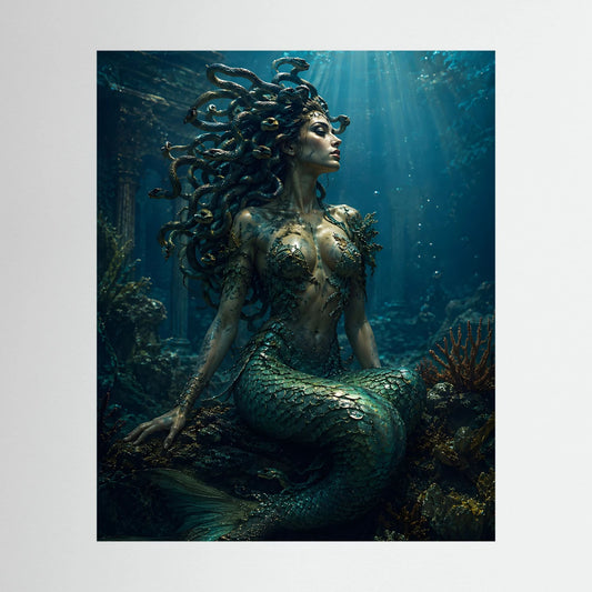Fantasy-Poster im Hochformat mit Meerjungfrau, schlangenartiger Mähne, Smaragd-Türkis