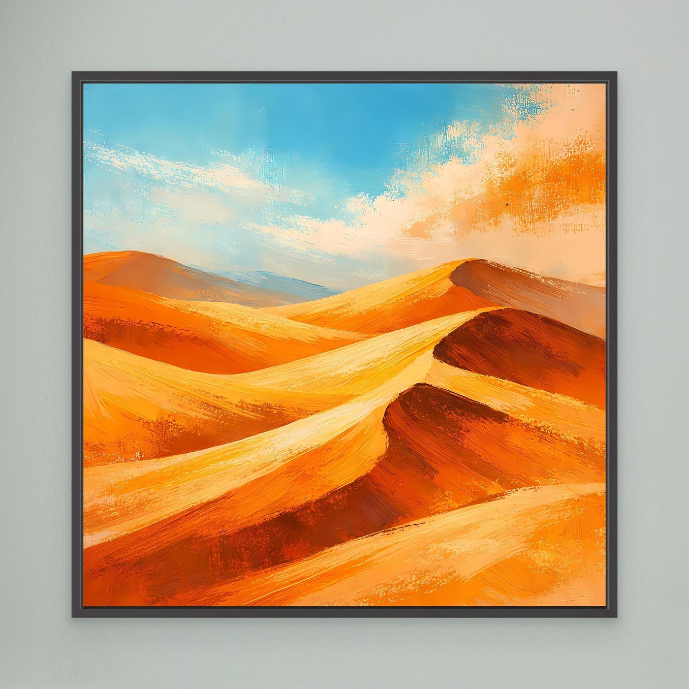 Abstract canvas wall art with blue sky and orange dunes, black frame