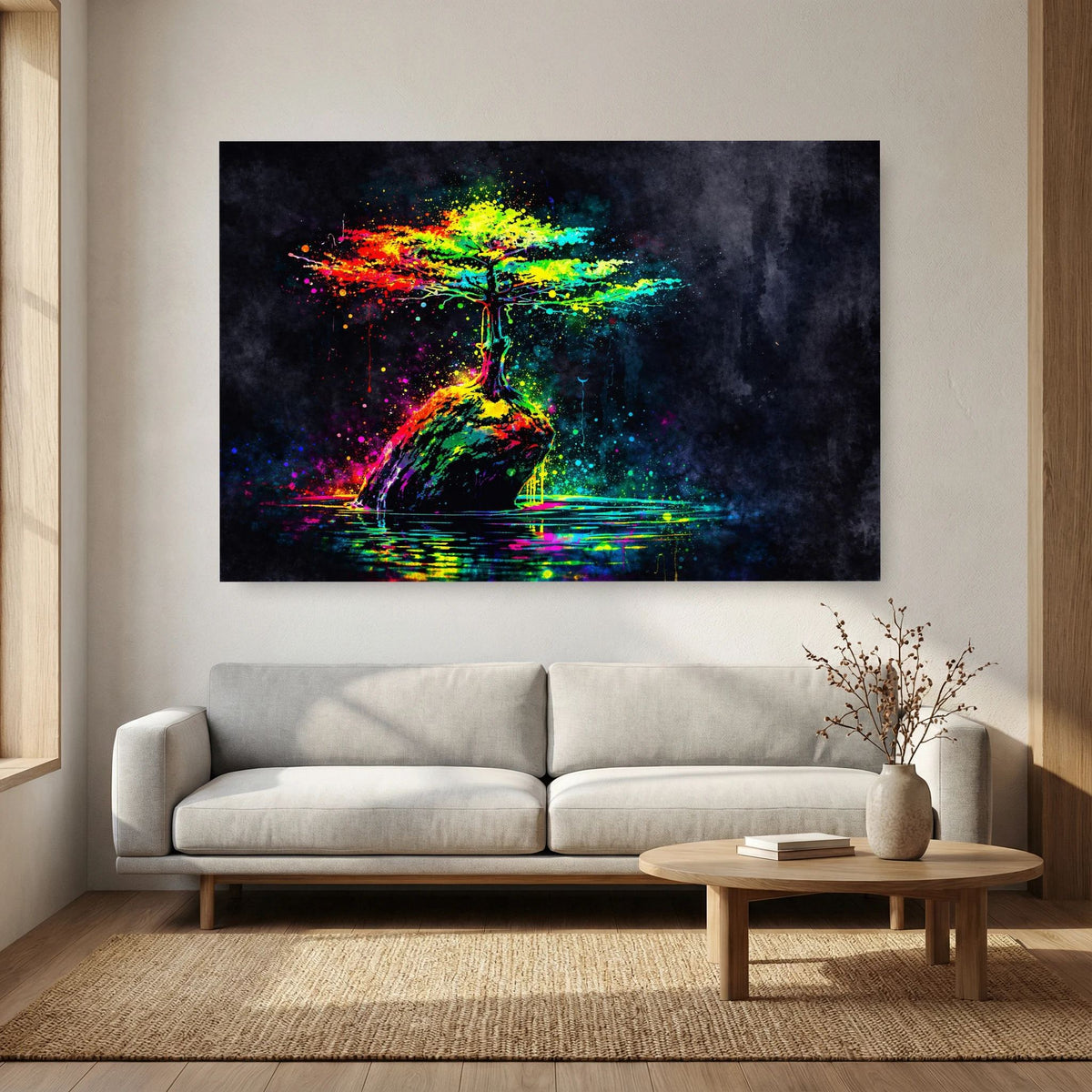 Abstraktes Lebensbaum-Wandbild im Querformat, leuchtende Regenbogenfarben auf dunklem Hintergrund
