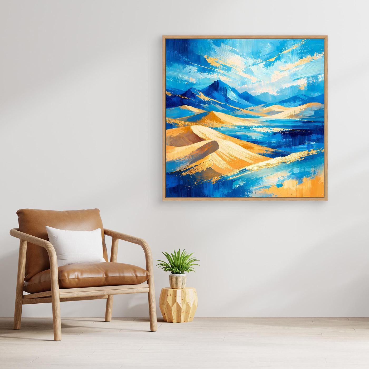 Leinwandbild mit abstrakten Dünen und Bergen im hellen Holzrahmen, Blau und Gold