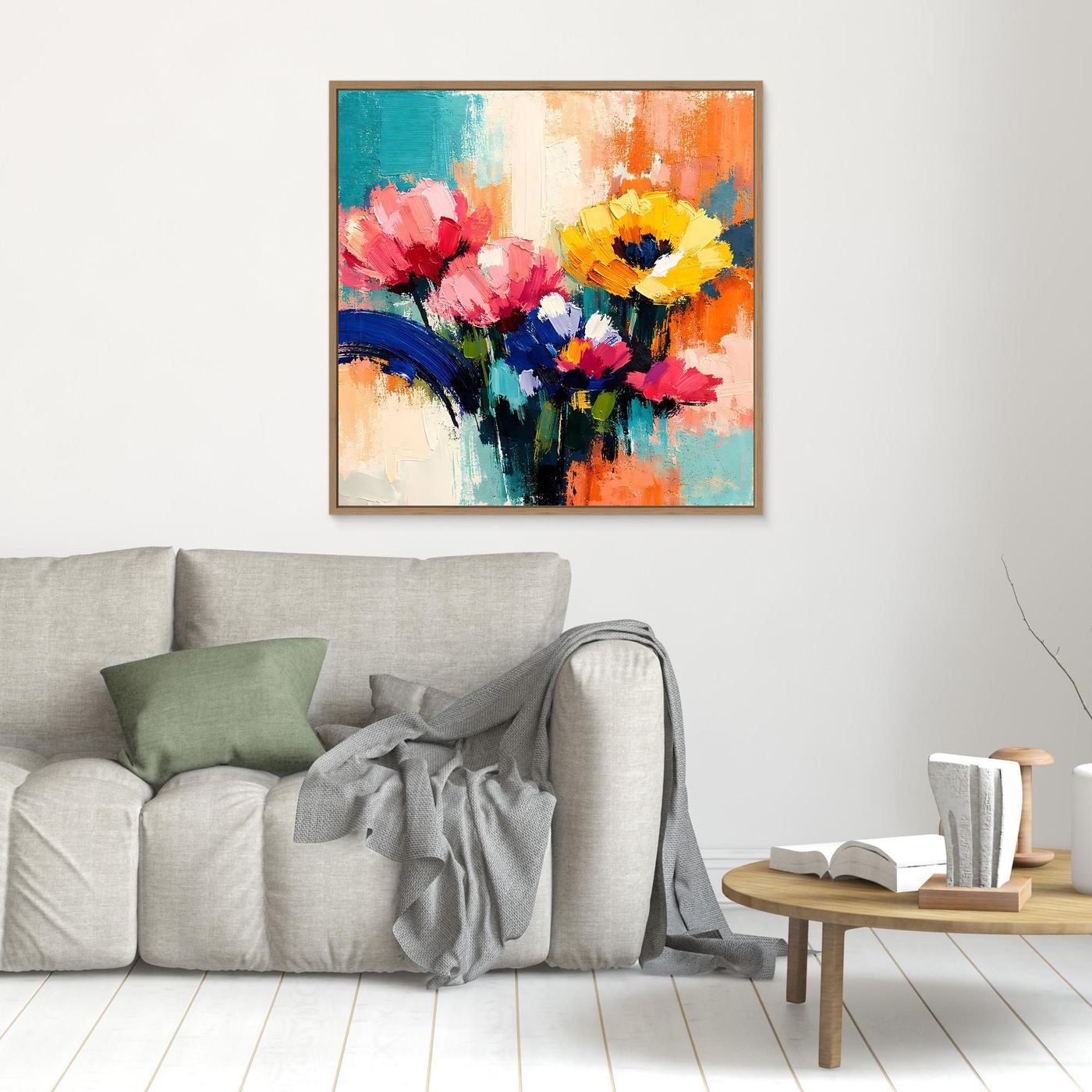 Leinwandbild mit abstrakten Sommerblumen, Holzrahmen (Eiche), Pink und Gelb