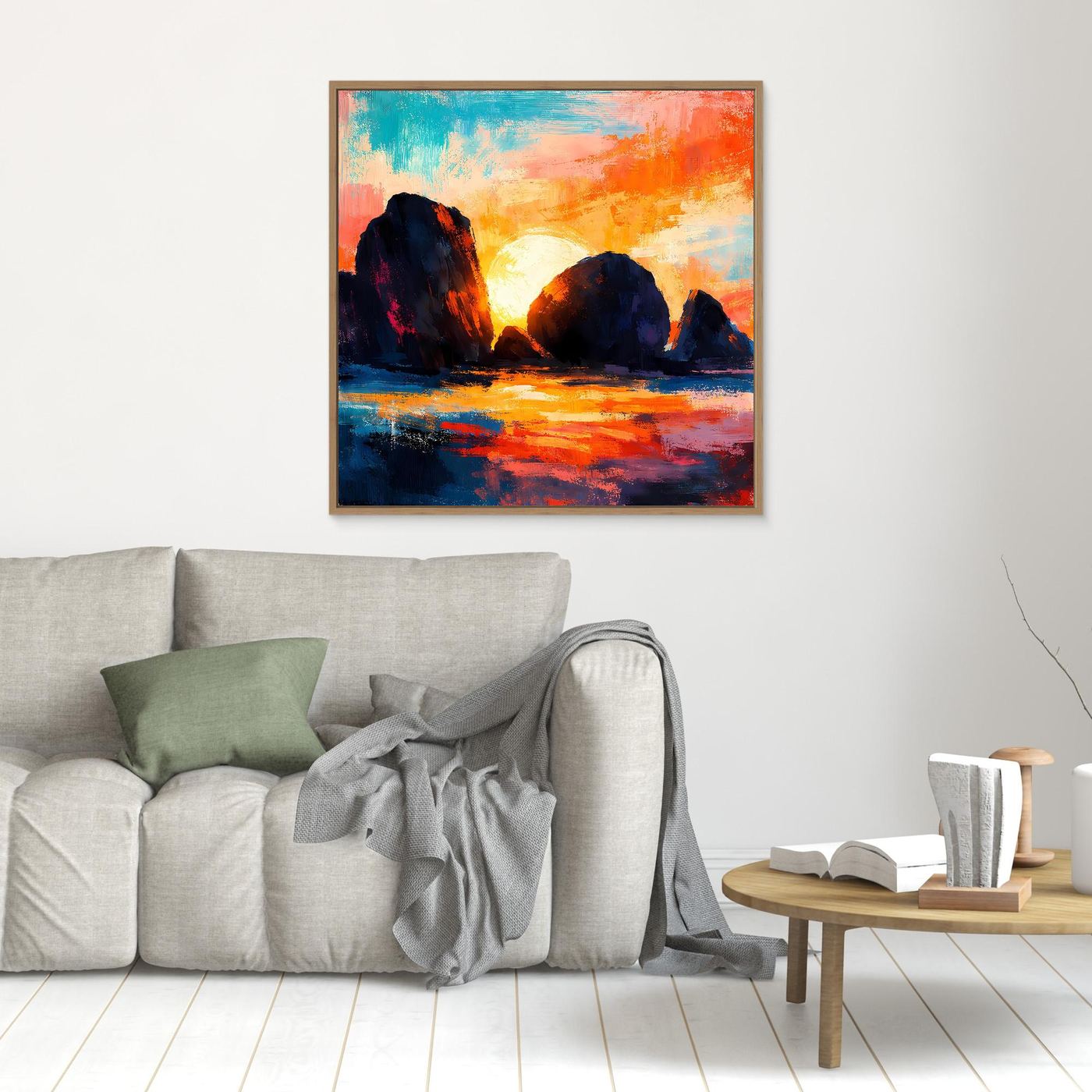 Leinwandbild mit abstrakter Küste und Sonnenuntergang, kleine Darstellung, brauner Rahmen.