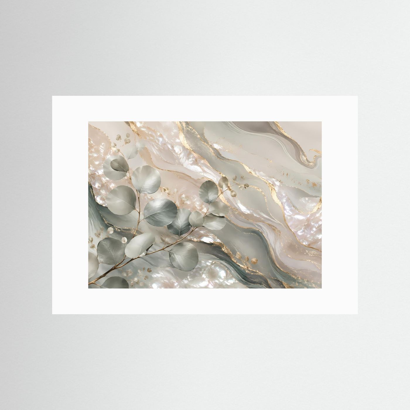 Eukalyptus-Poster mit weißem Passepartout: Creme, Salbeigrün, Goldakzente, Querformat