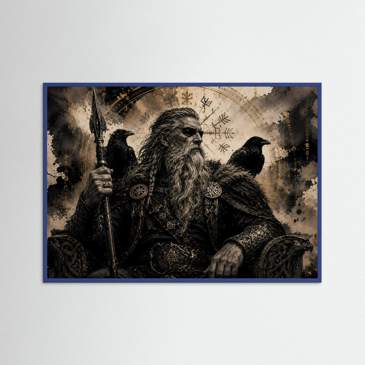 Querformatiges Poster: Wikinger-Rabenkrieger mit Speer und Runenbogen; blauer Holzrahmen