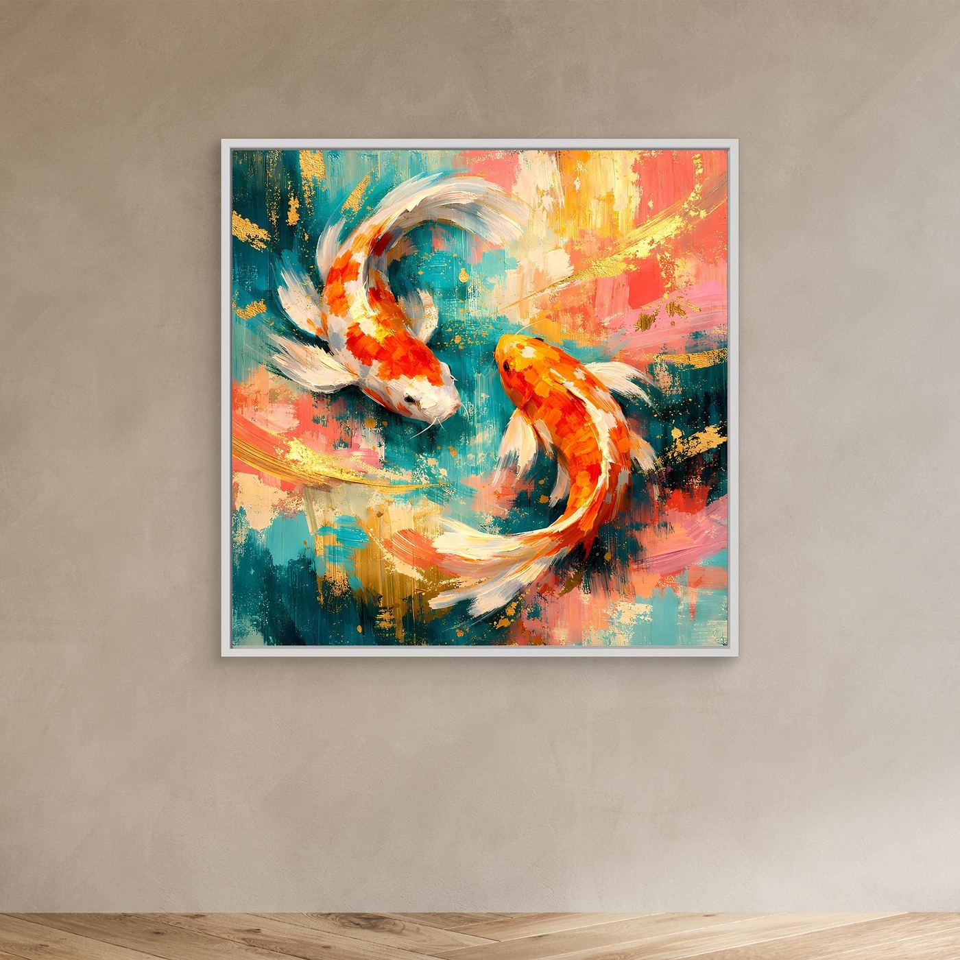 Leinwandbild mit Koi-Fischen im abstrakten Yin-Yang, mit weißem Rahmen