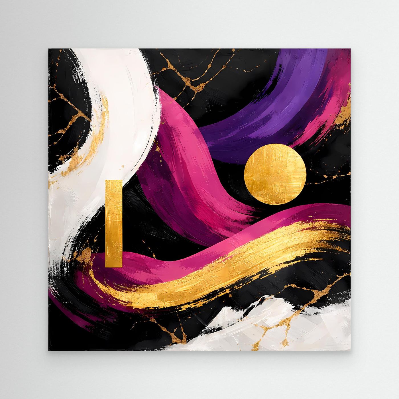 Abstraktes Leinwandbild mit magenta-lila Pinselstrichen, goldenem Kreis und Linien auf dunklem Grund.