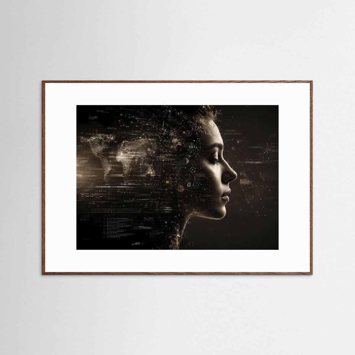 Querformat-Poster mit Frauenprofil und Datenwelt in Schwarz-Goldtönen, dunkler Holzrahmen
