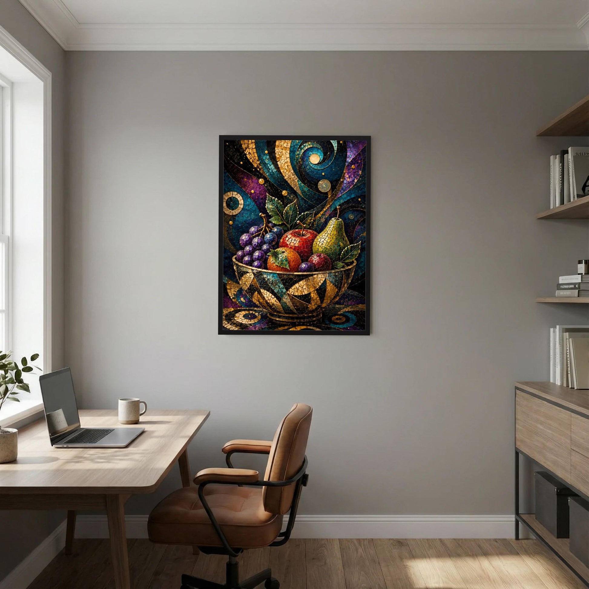Hochformat-Poster: bunte Früchte in gold verzierter Obstschale, abstraktes Mosaik, schwarz gerahmt