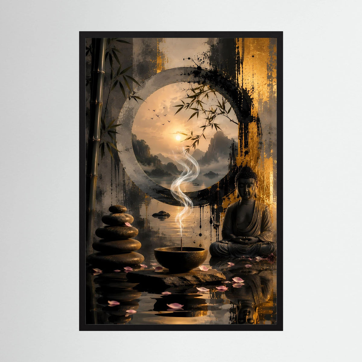 Gerahmtes Poster im Zen-Stil mit sitzendem Buddha, Rauchfahne, Teeschale und Steinhaufen