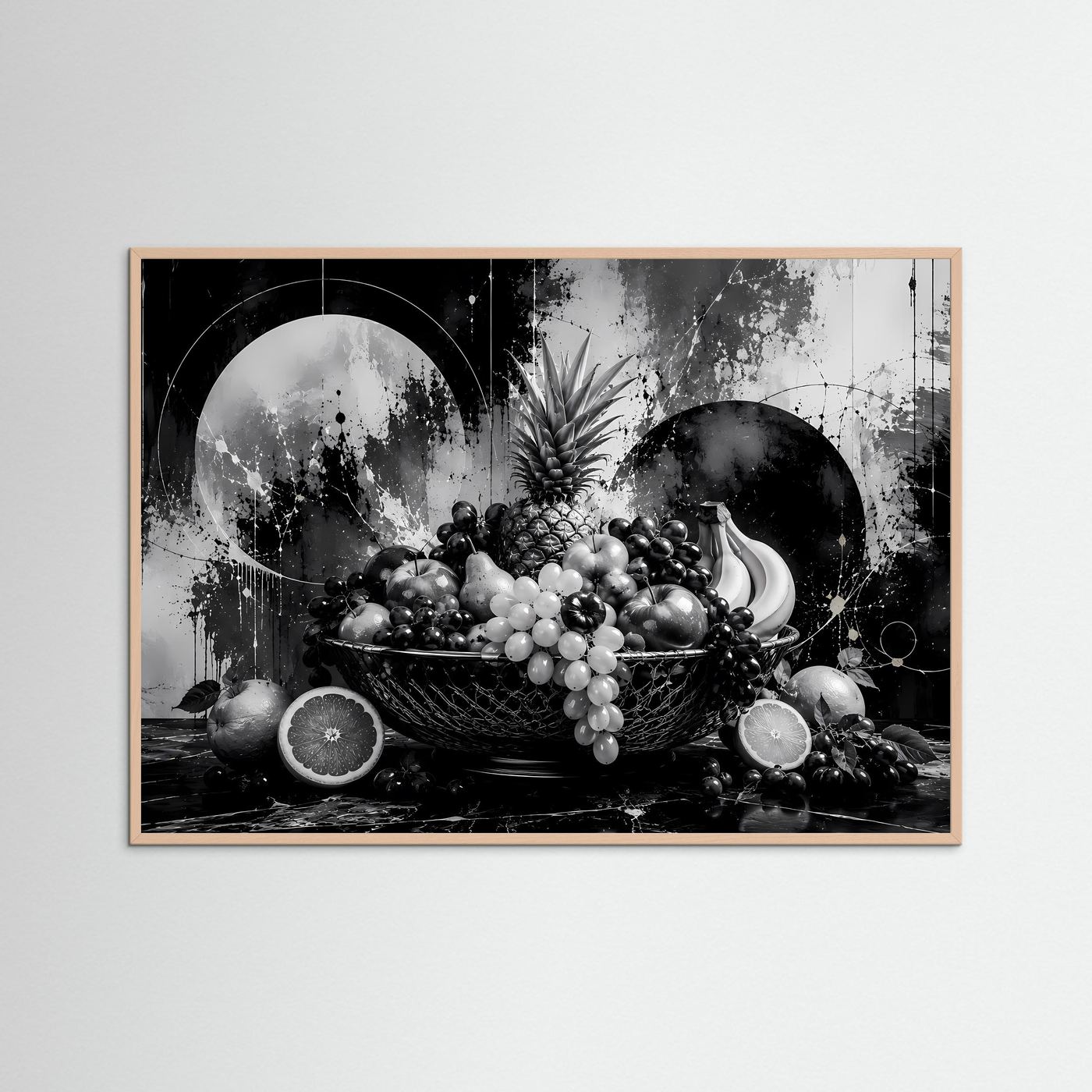 Abstrakte Obstschale in Schwarz-Weiß | Modernes Stillleben Poster Querformat