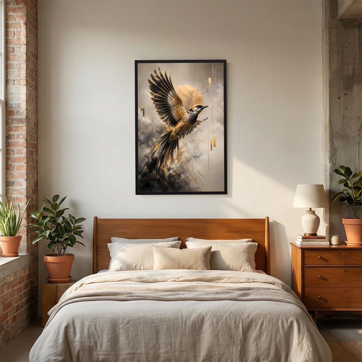 Hochformat-Kunstposter mit Paradiesvogel im Flug, Schwarz und Gold, schwarze Einrahmung