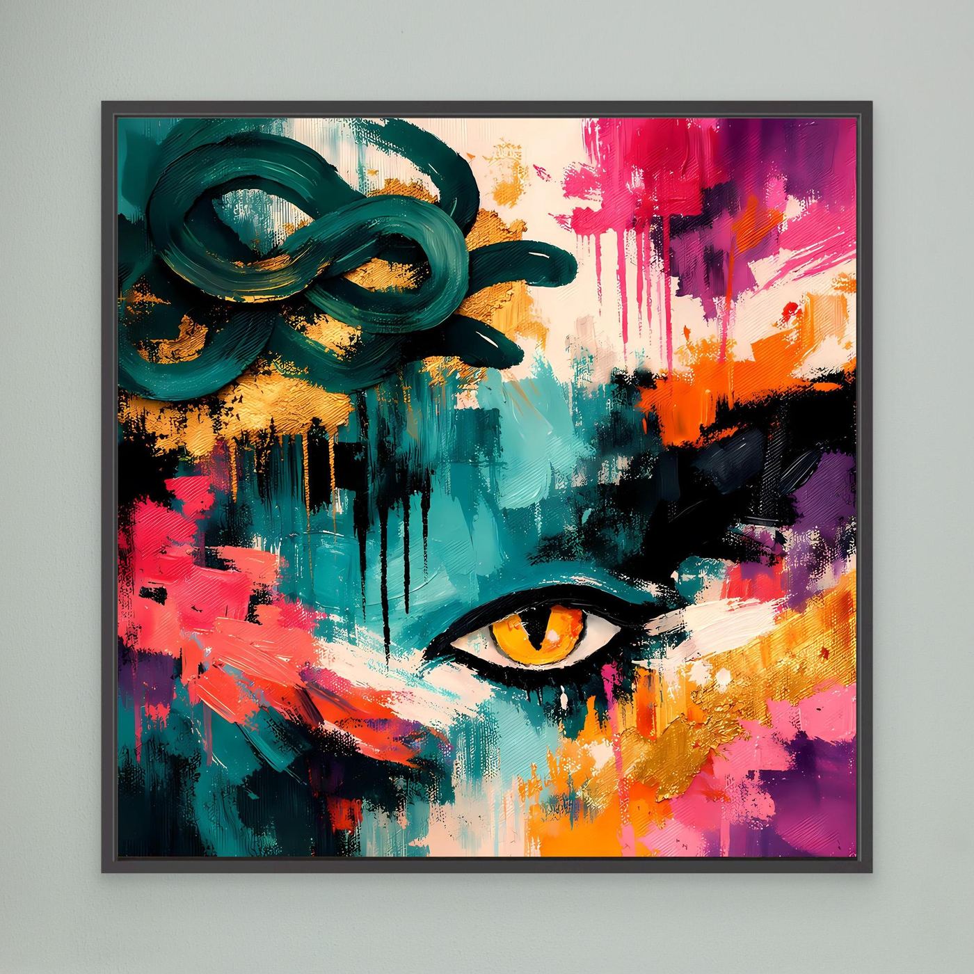 Gerahmtes abstraktes Wandbild: Medusa-Auge in Türkis, Rot, Gelb, schwarz