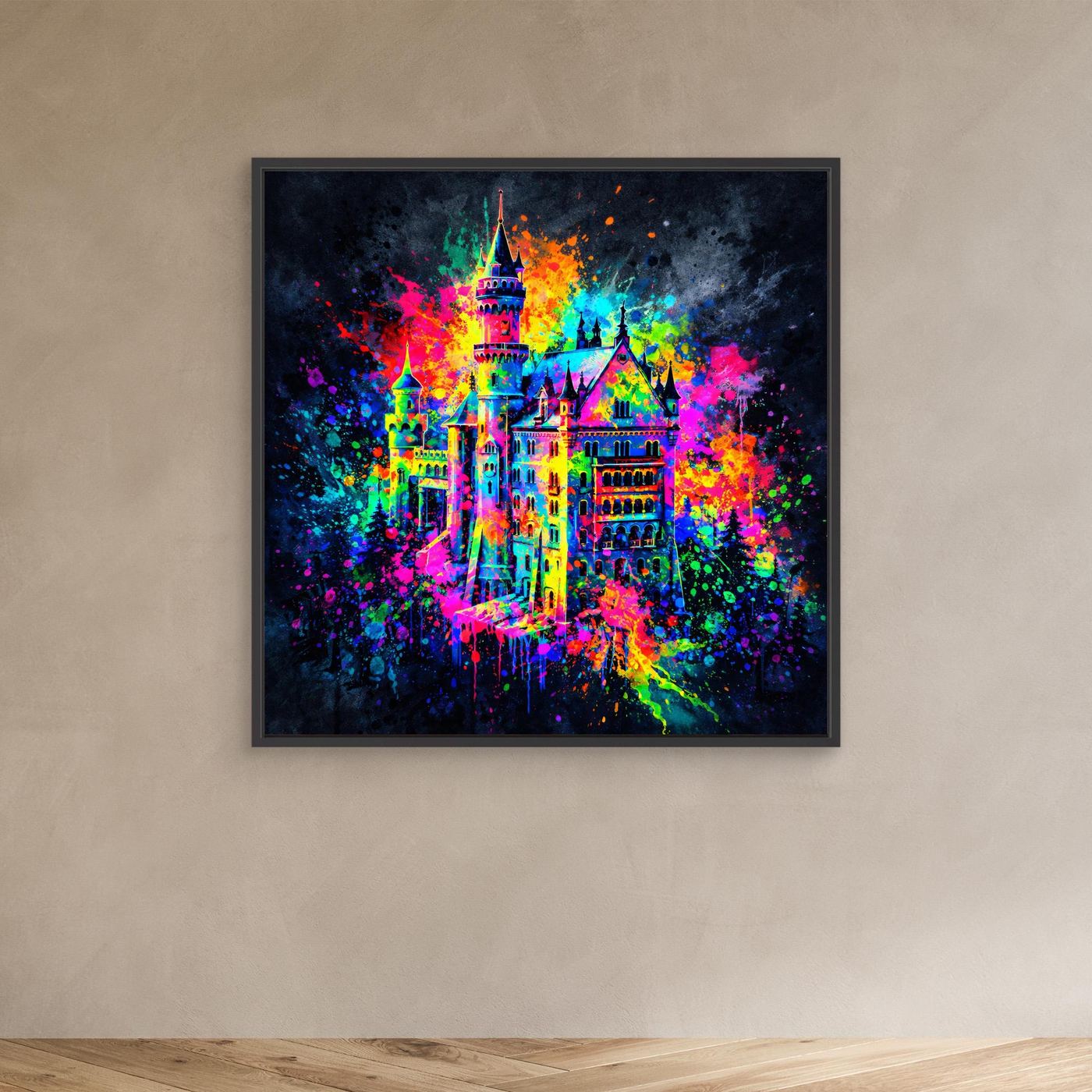 Leinwandbild mit bunter Graffiti-Schlossillustration, schwarzer Einrahmung