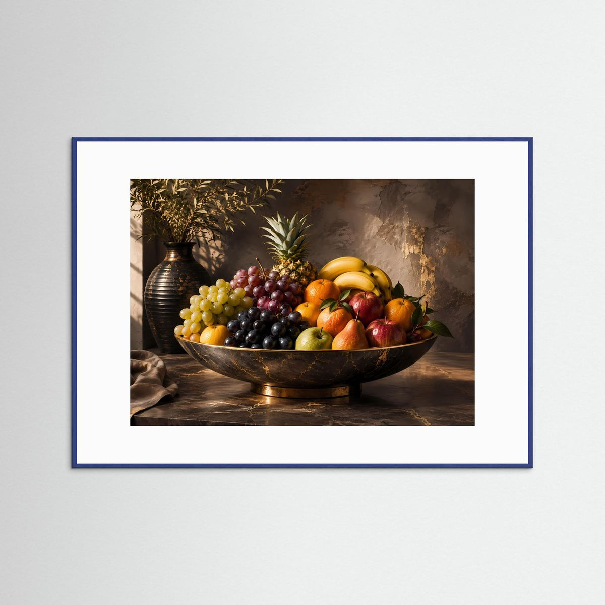 Obststillleben-Poster mit Früchteschale und Keramikvase, blauer Rahmen