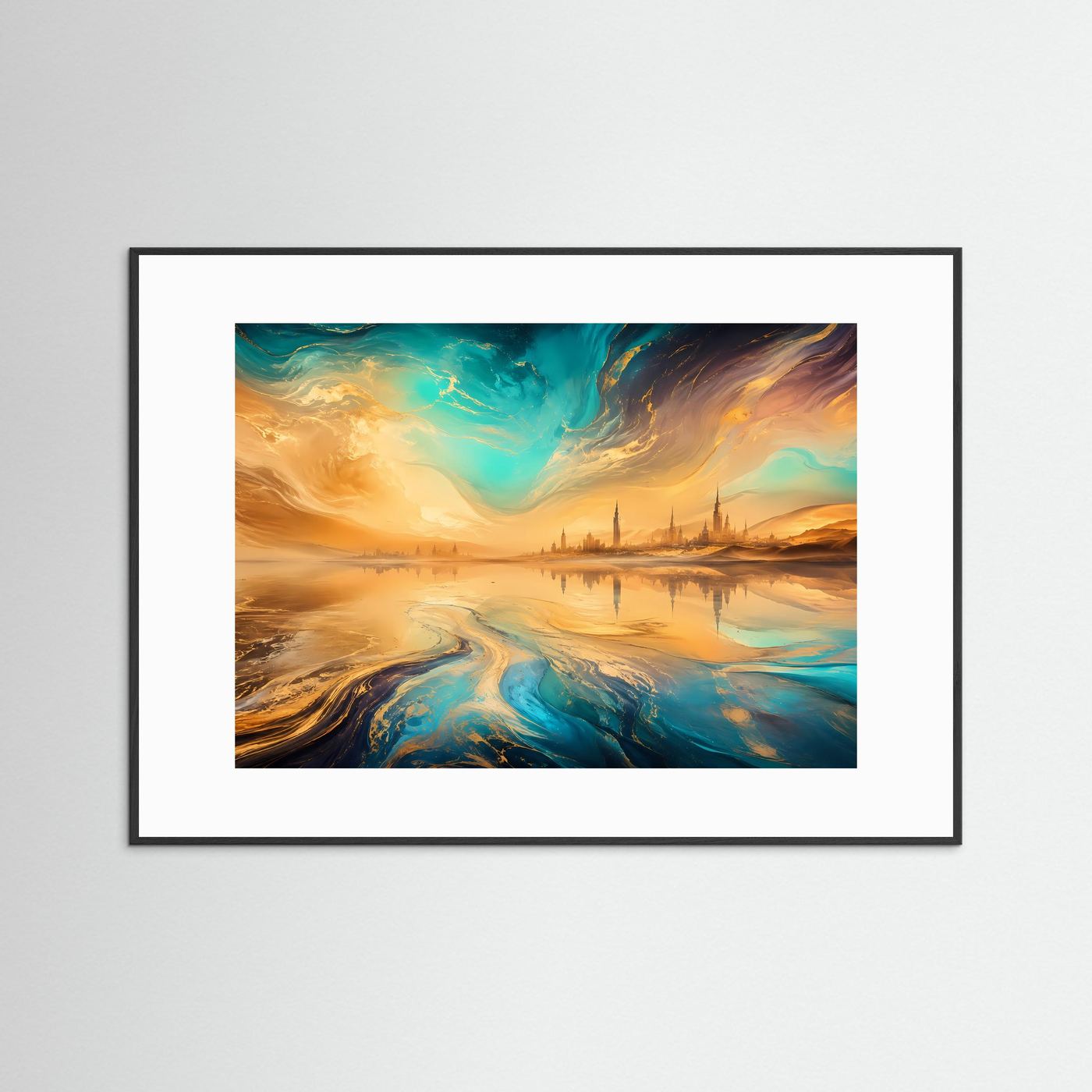 Fata Morgana Poster | Surreale Wüstenlandschaft mit Gold und Türkis | Abstrakte Traumlandschaft | Modernes Wandbild