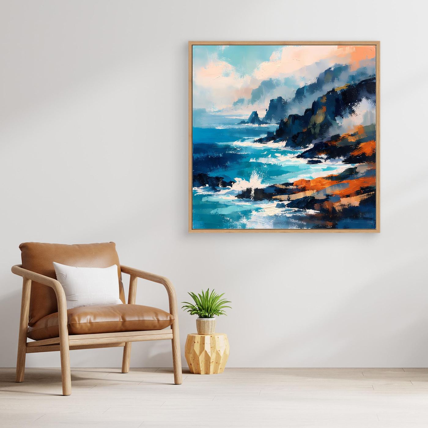 Abstraktes Leinwand-Wandbild mit Küstenfelsen und Ozean, brauner Holzrahmen