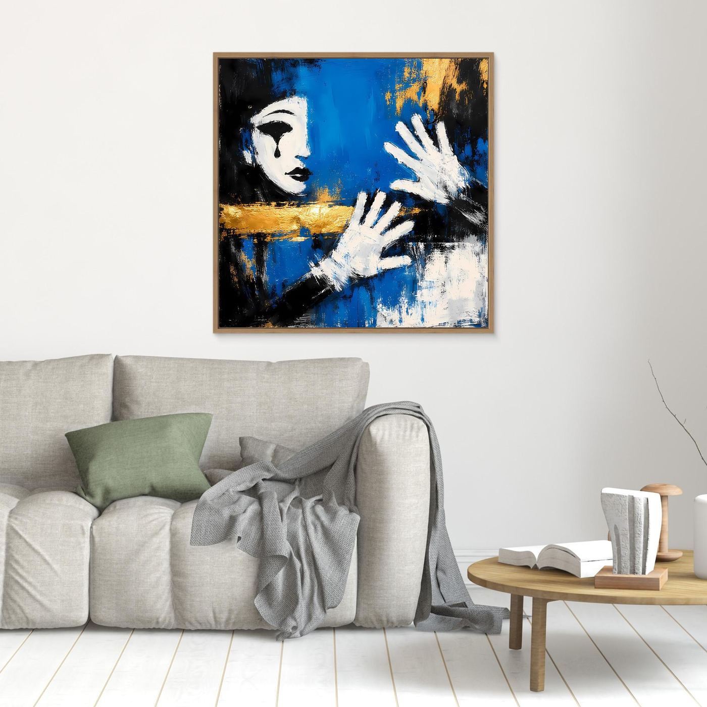 Leinwand Melancholischer Mime in Blau | Abstraktes Pierrot Wandbild Gold