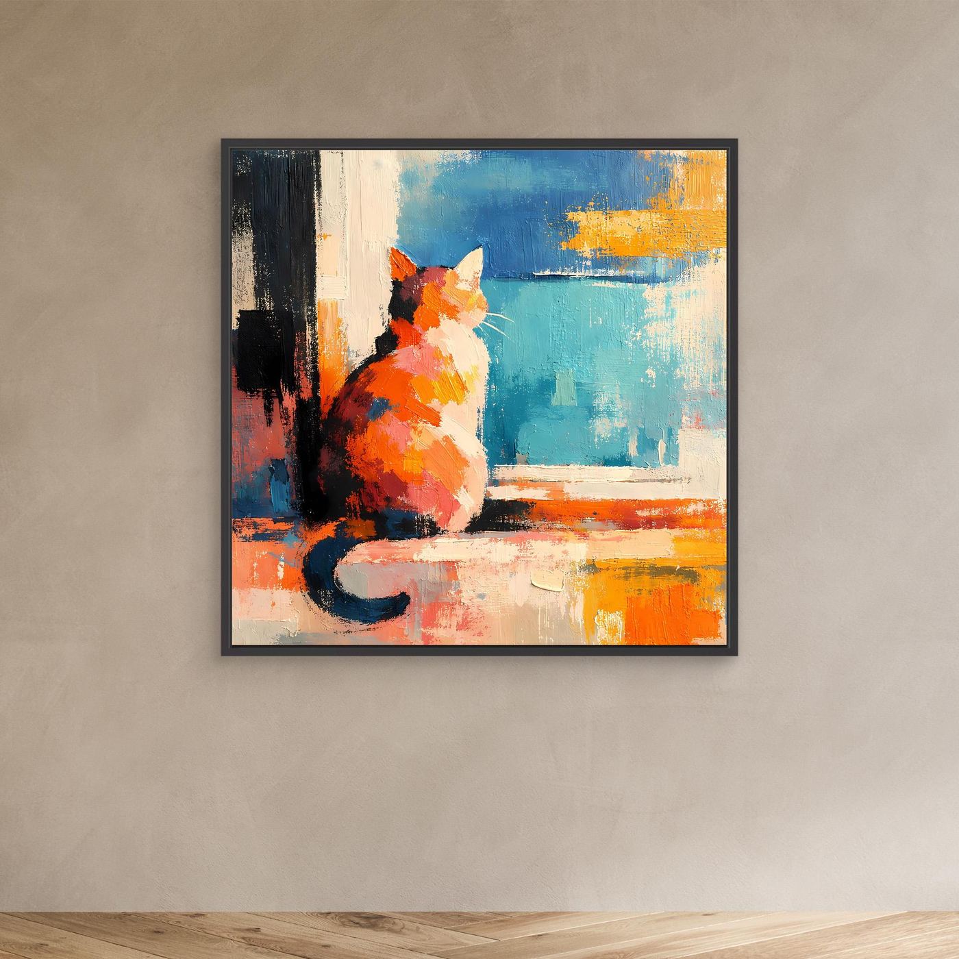 Black-framed canvas wall art, orange cat seated by the window ledge