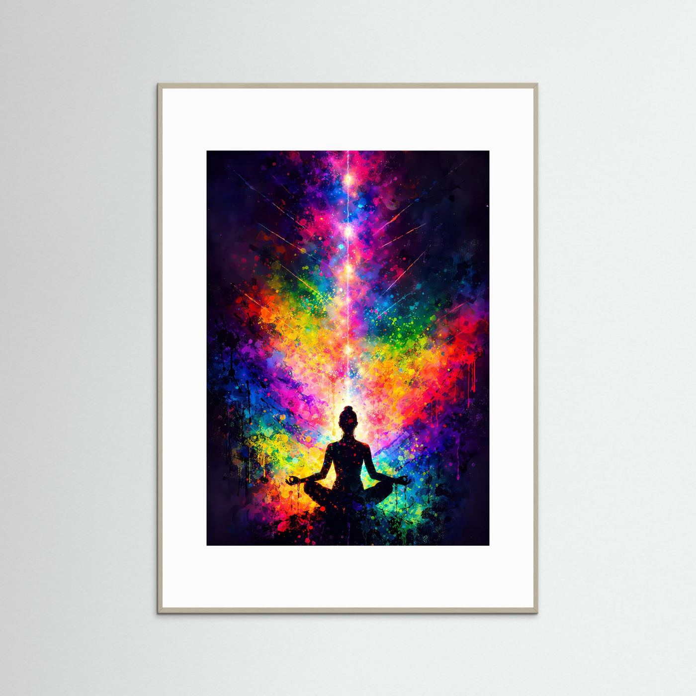 Wandbild mit Yoga-Silhouette im Farbspektrum, weißes Passepartout, heller Rahmen