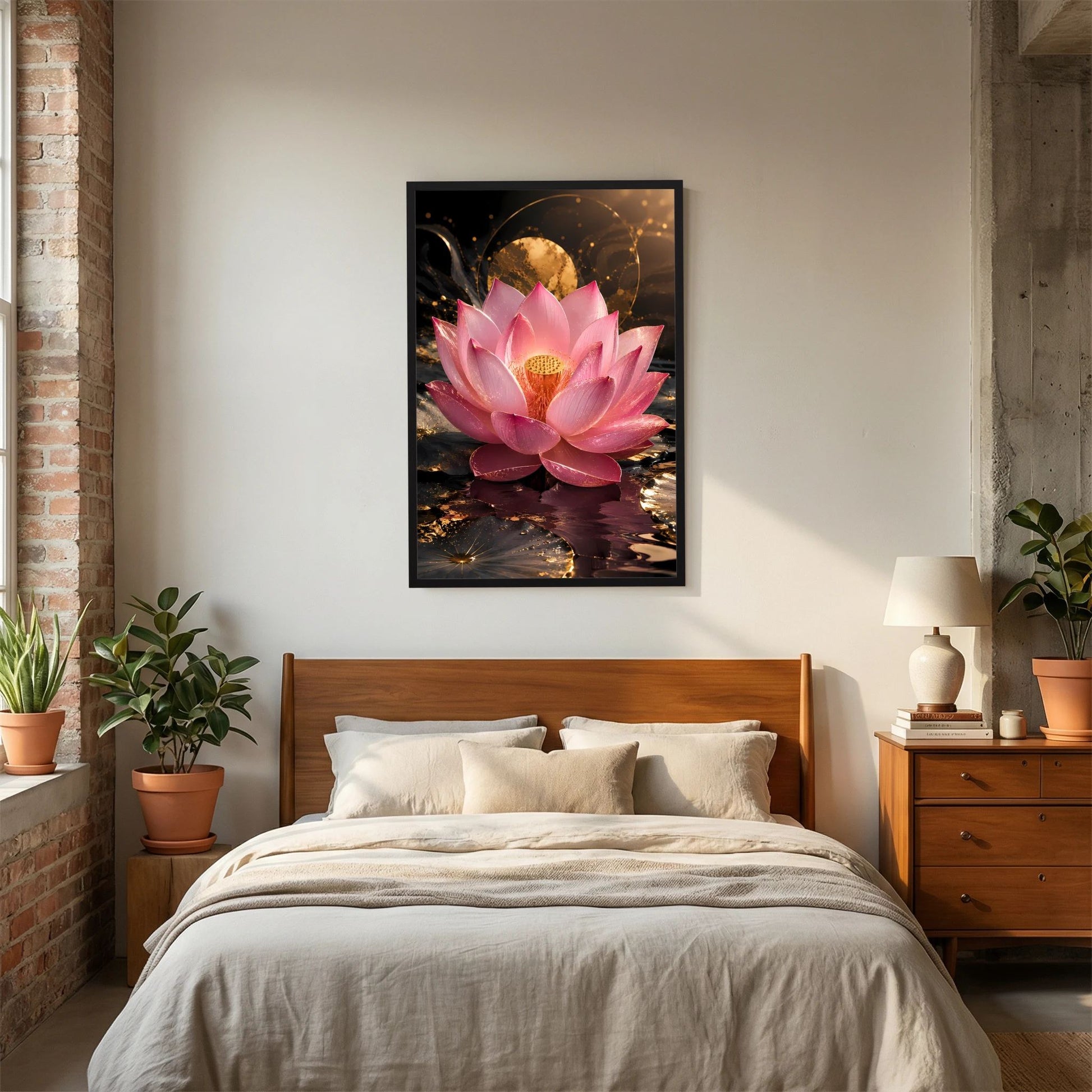 Lotusblüten-Poster im schwarzen Rahmen, rosa Blüte mit goldener Mitte über dem Bett