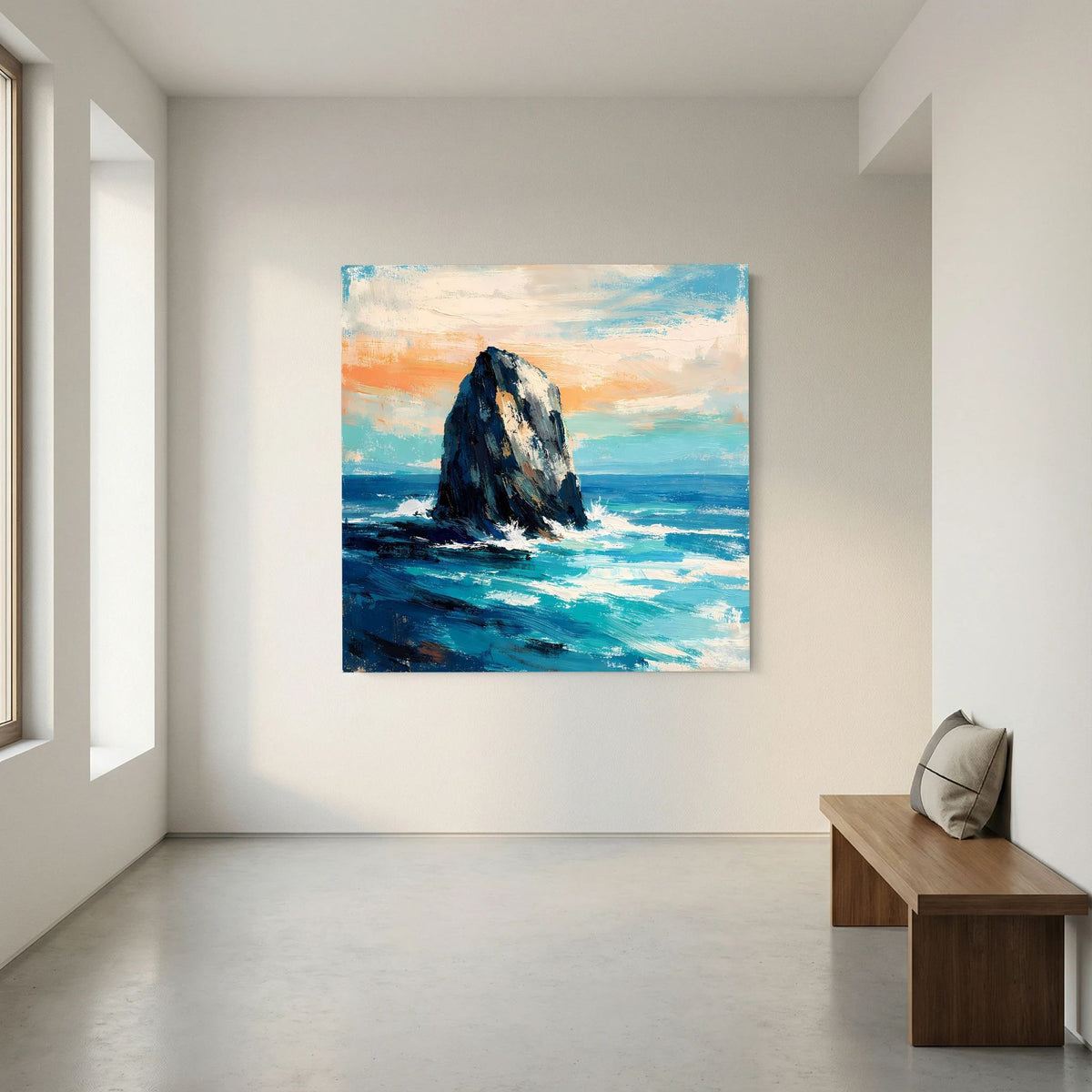Quadratisches Leinwandbild mit Felsen in der Brandung, blaues Wasser und orangefarbener Himmelsszene.
