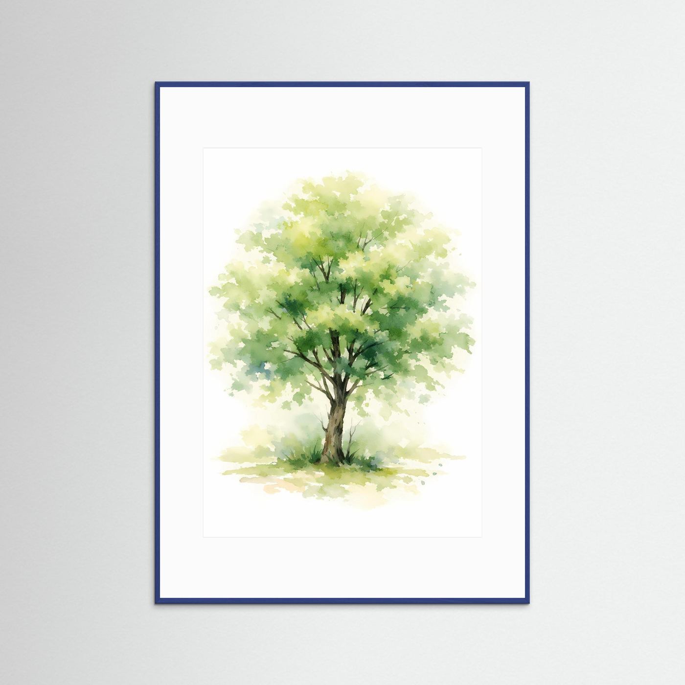 Aquarell-Poster mit Lebensbaum, grüner Baum in Wasserfarben, blauer Rahmen