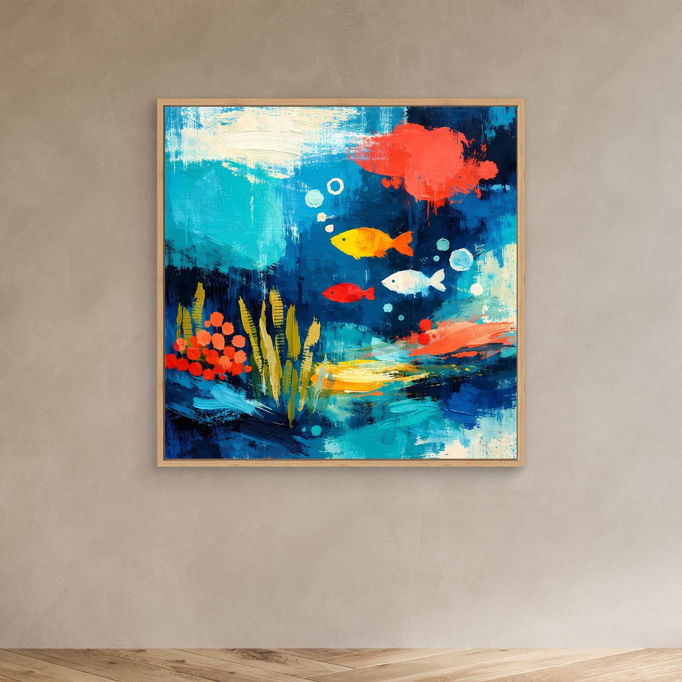 Underwater abstract wall canvas with fish and coral, oak frame, vivid blue and red