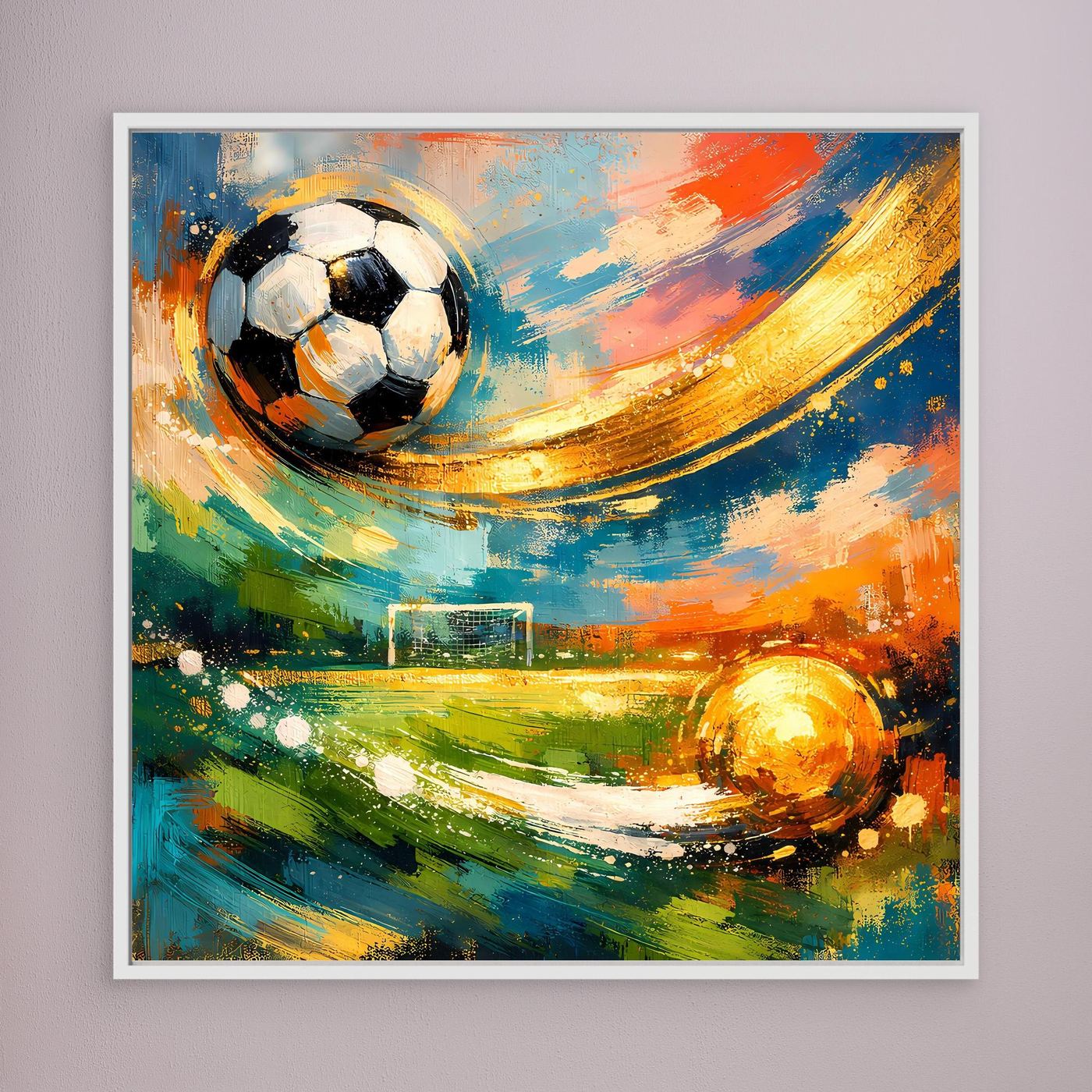Leinwandbild mit Fußball und dynamischen Pinselstrichen, Rahmen in Weiß